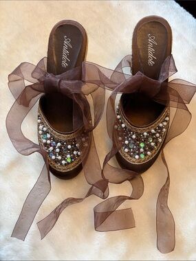 Antidote Brown Embellished Pearl Tie Espadrilles with Sheer Ribbons